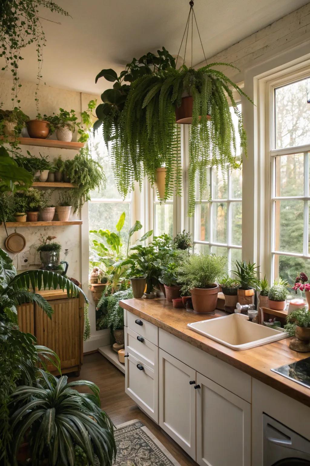 Vegetation infusing freshness into a grey and white kitchen