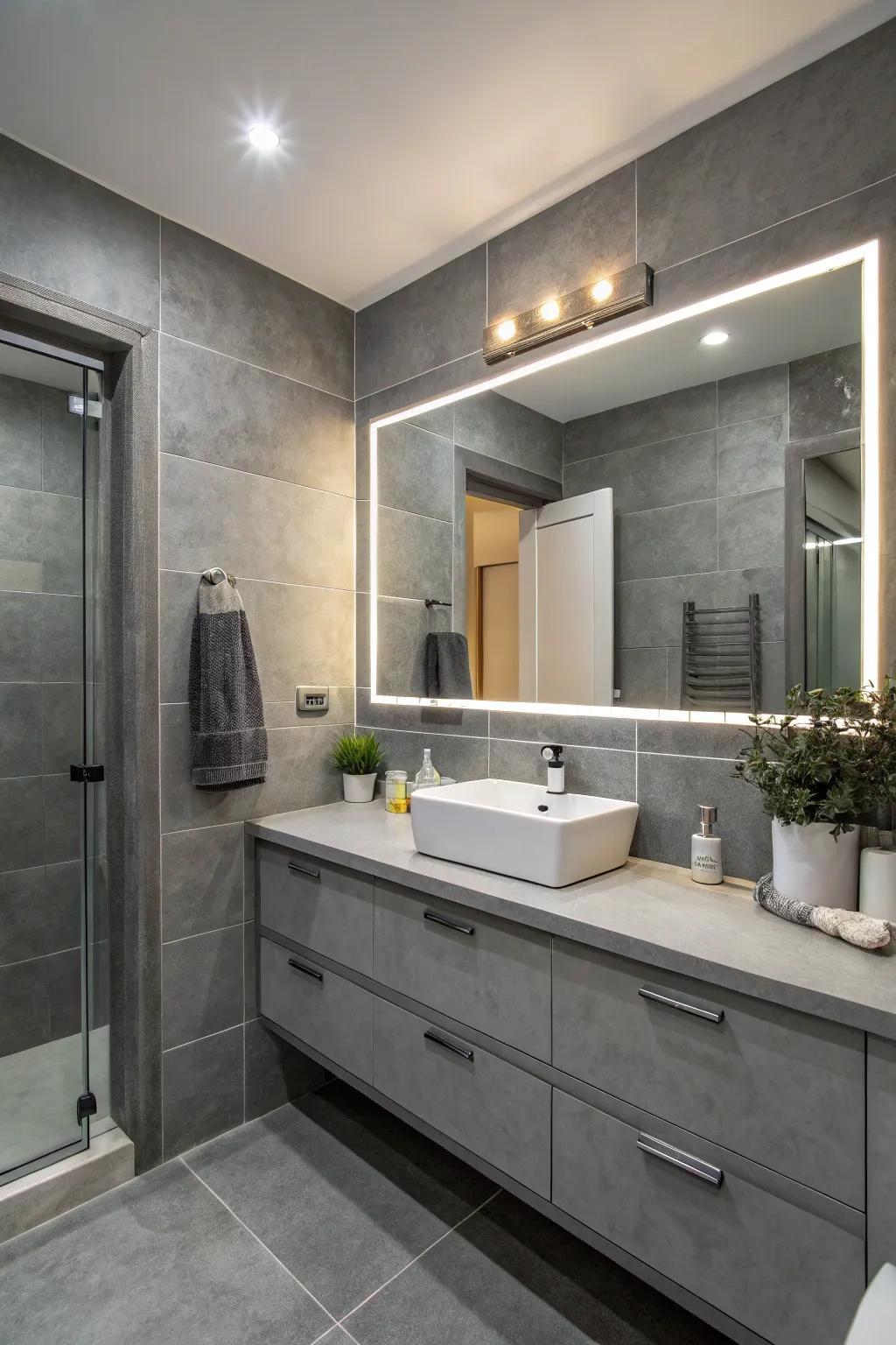 Mirrors enhance light and space in the grey bathroom.