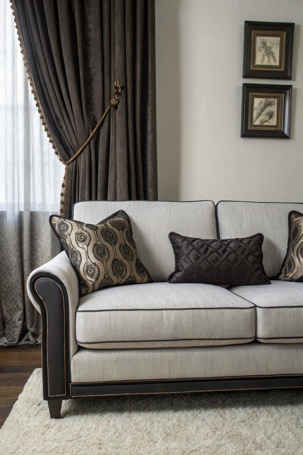 Strong shades provide a striking contrast to a grey couch.