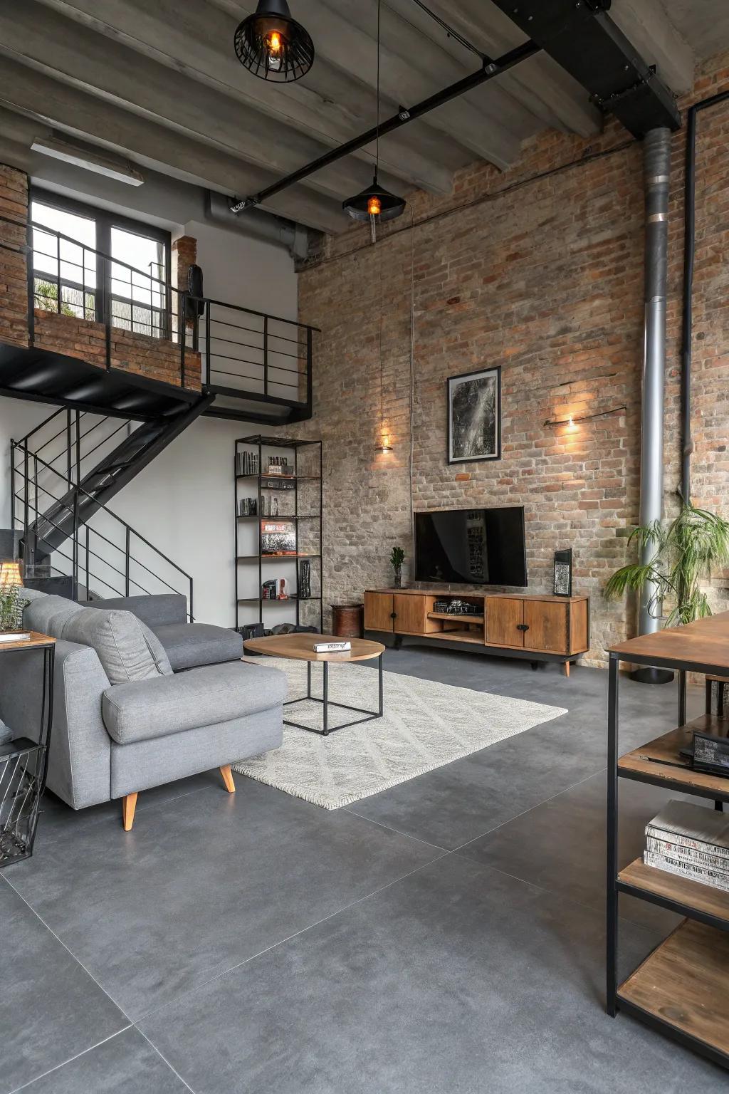 Industrial elements add an edge to grey flooring.