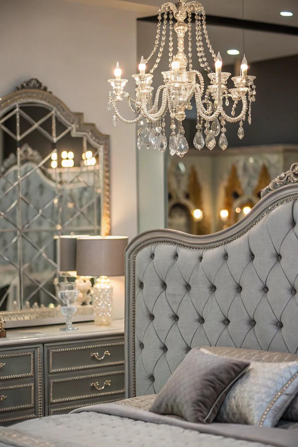 Glamorous decor elements elevate a bedroom featuring a grey headboard.