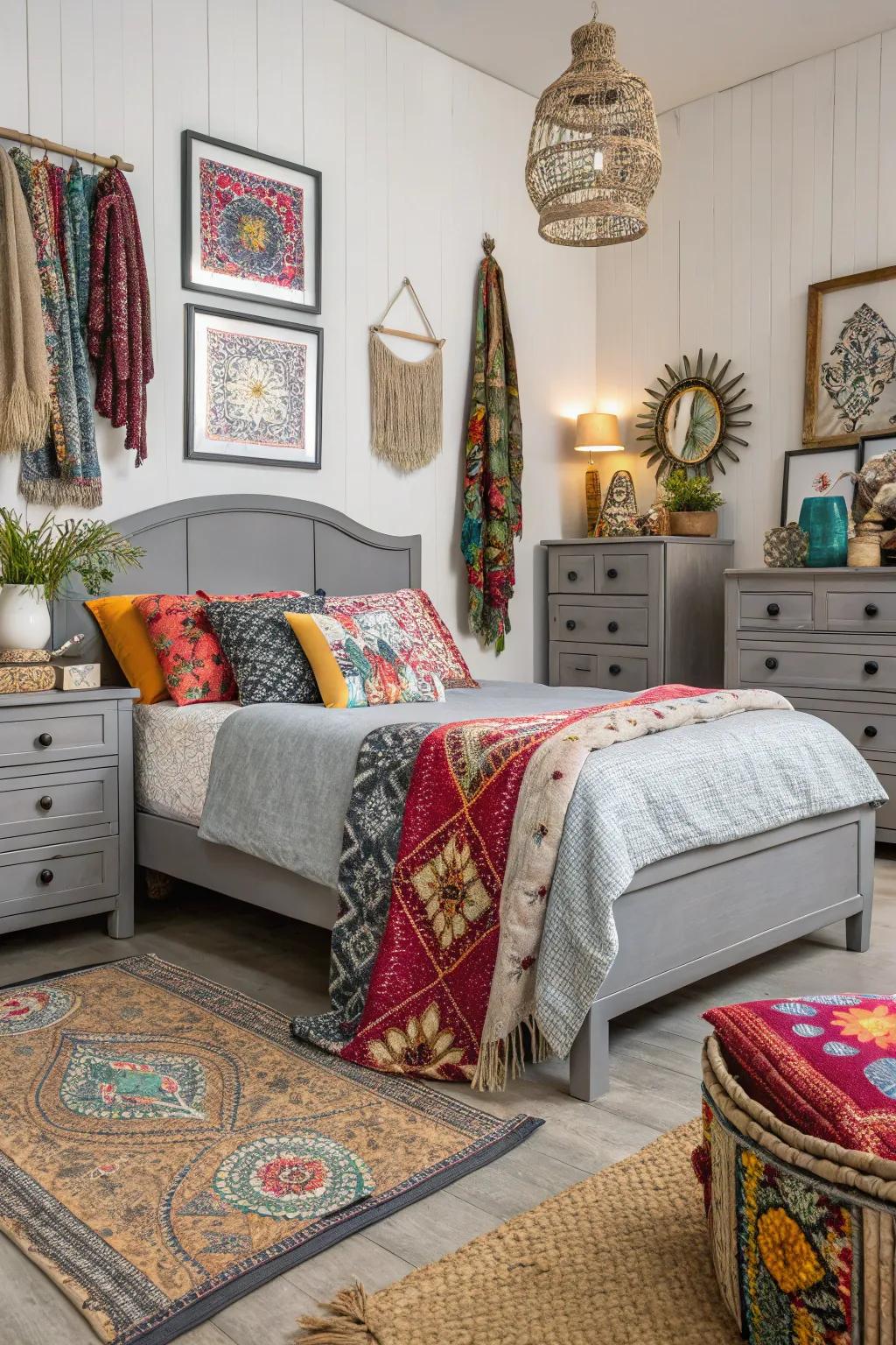 Bohemian decor brings vibrancy and eclectic charm to grey furniture arrangements.