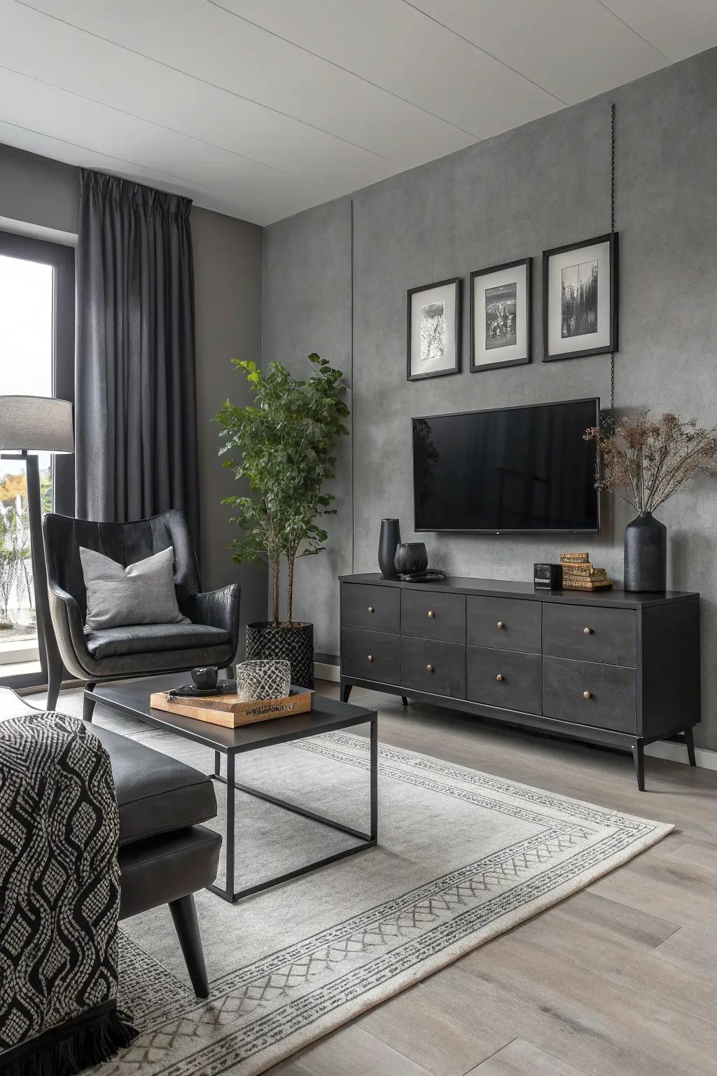 Ebony details provide striking contrast in this grey themed room.