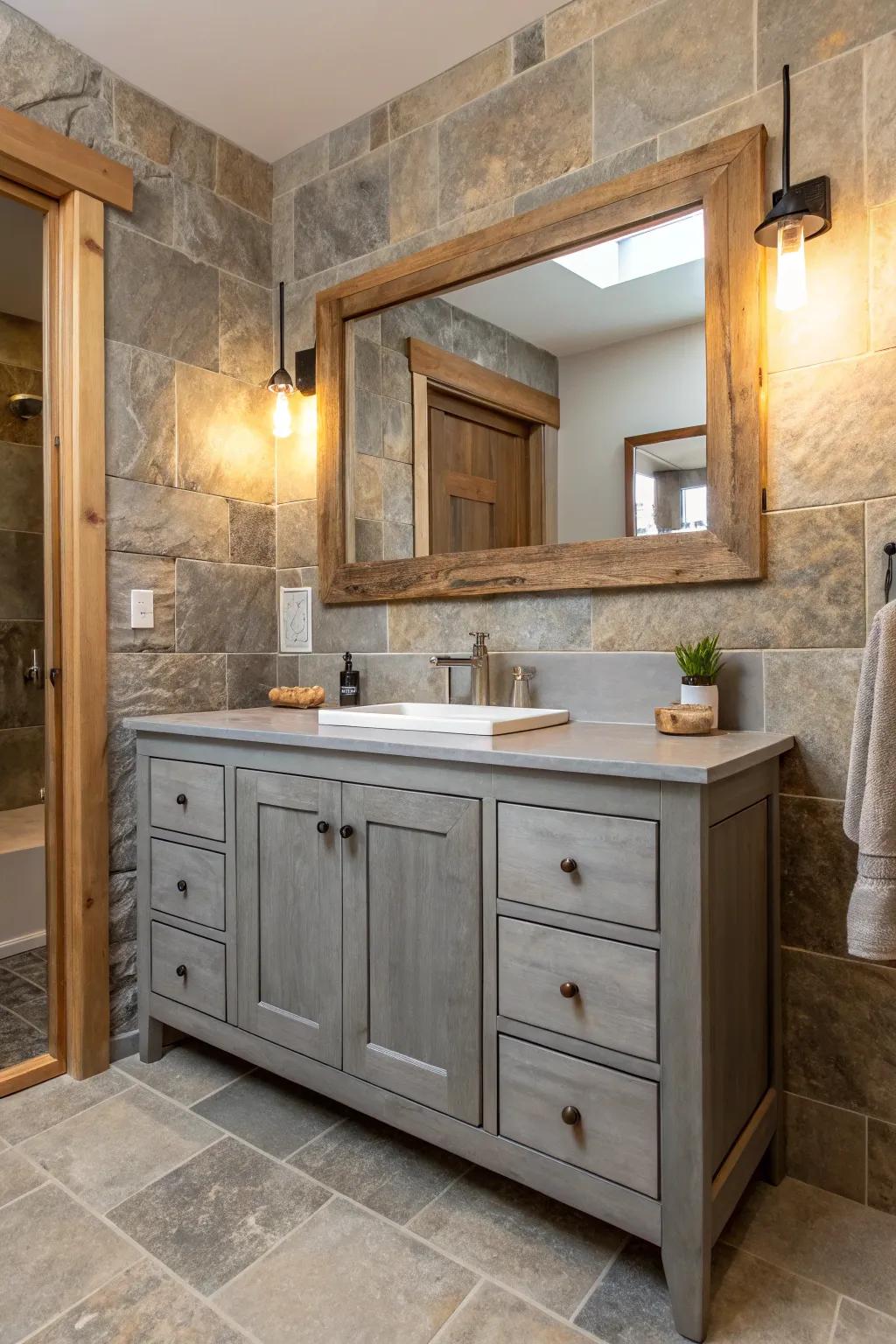 Natural materials such as wood and stone introduce warmth to the grey vanity.