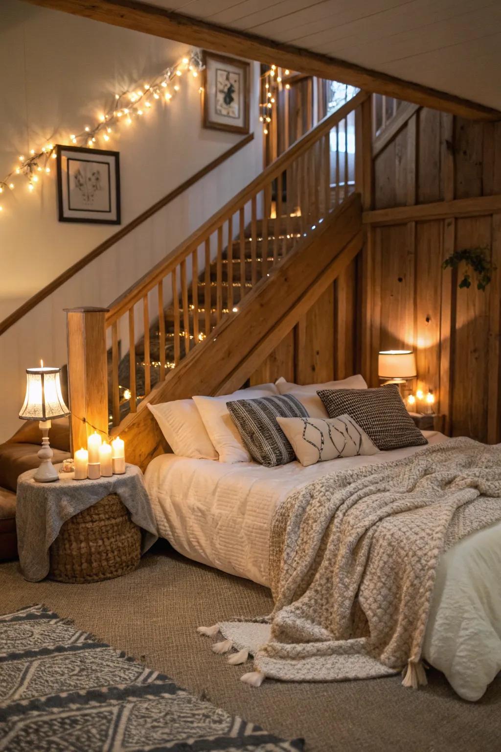 A hidden bed under the stairs, offering a charming and practical guest solution.