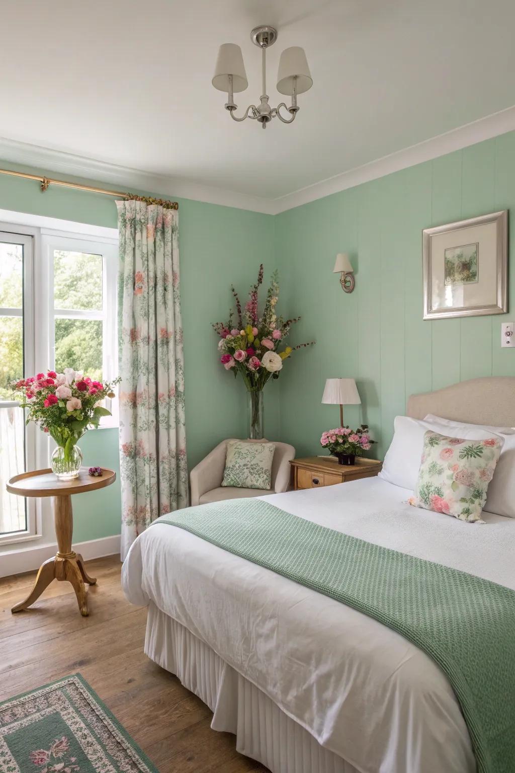 A guest room with soft mint green for a refreshing feel.