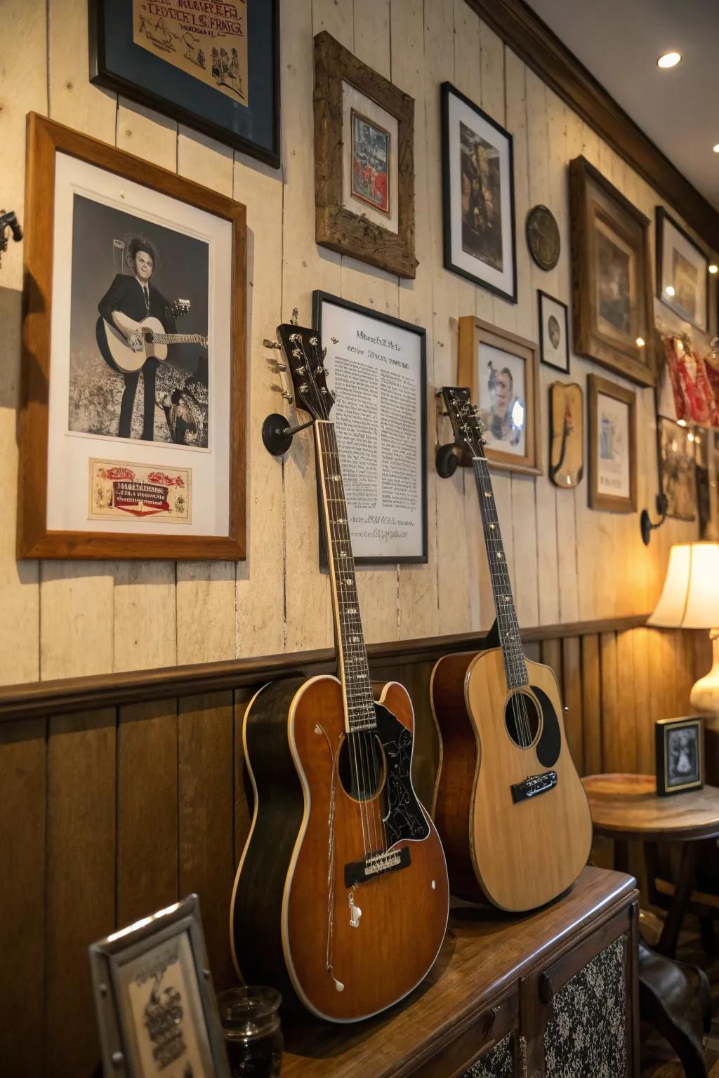 Guitars displayed with vintage elements for a nostalgic feel.