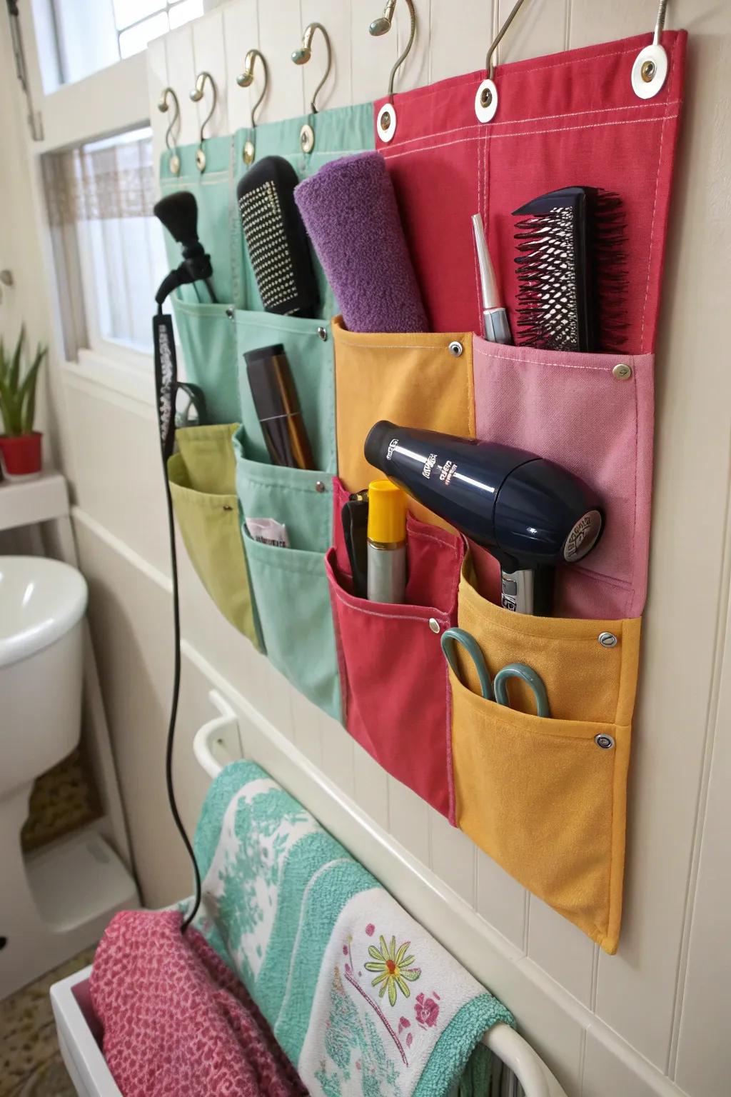 Stylish textile wall pouches introduce color and efficient storage.