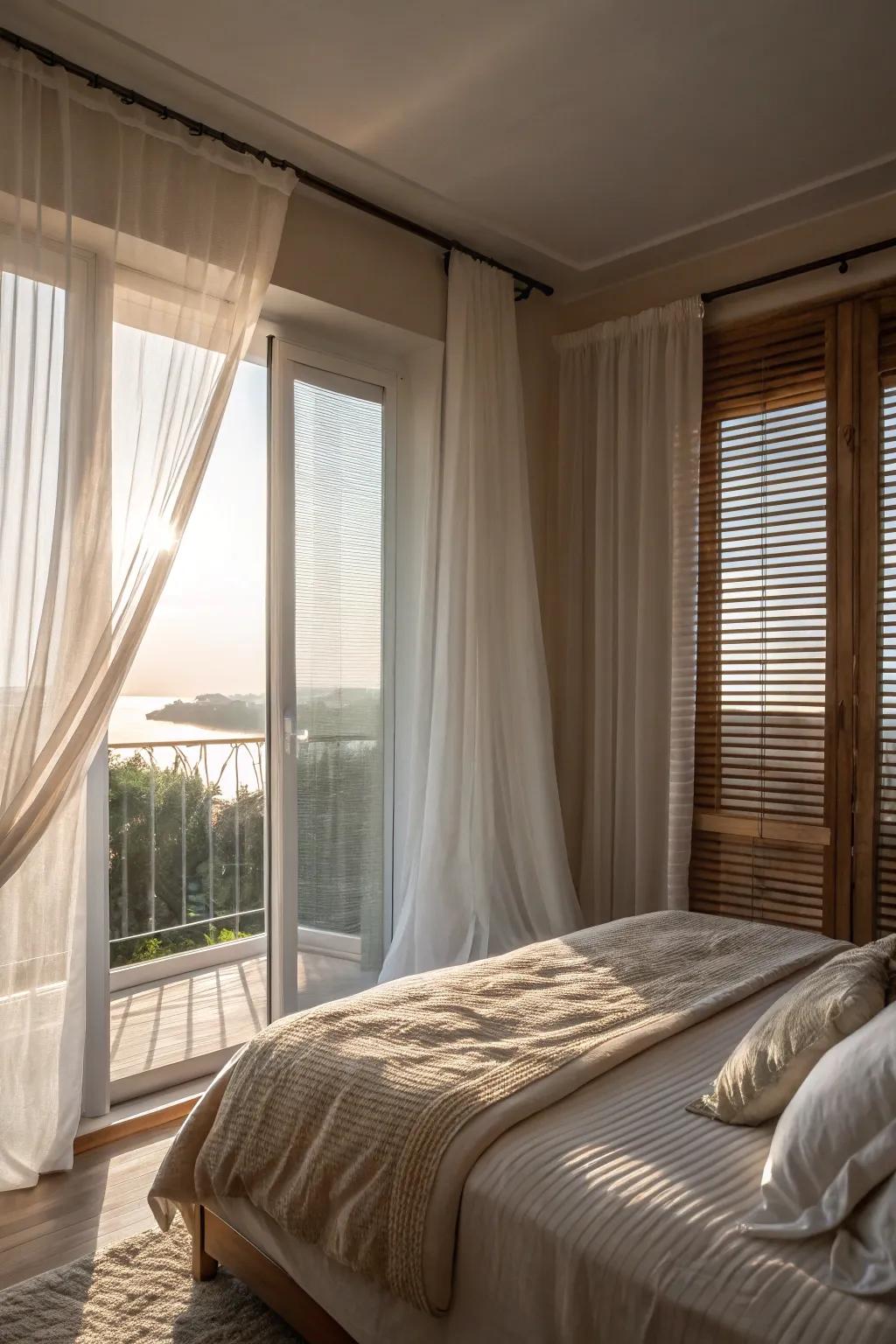 A dreamy bedroom featuring half window coverings and sheer window coverings.
