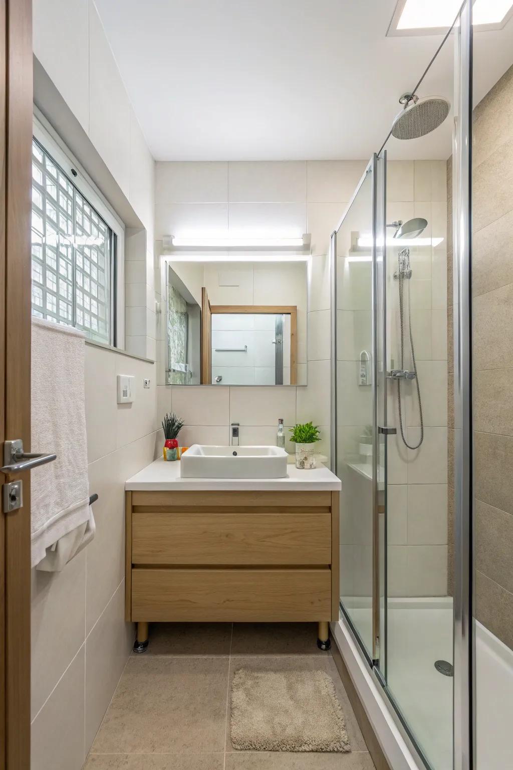 Minimalist design brings serenity and elegance to a hall bathroom.