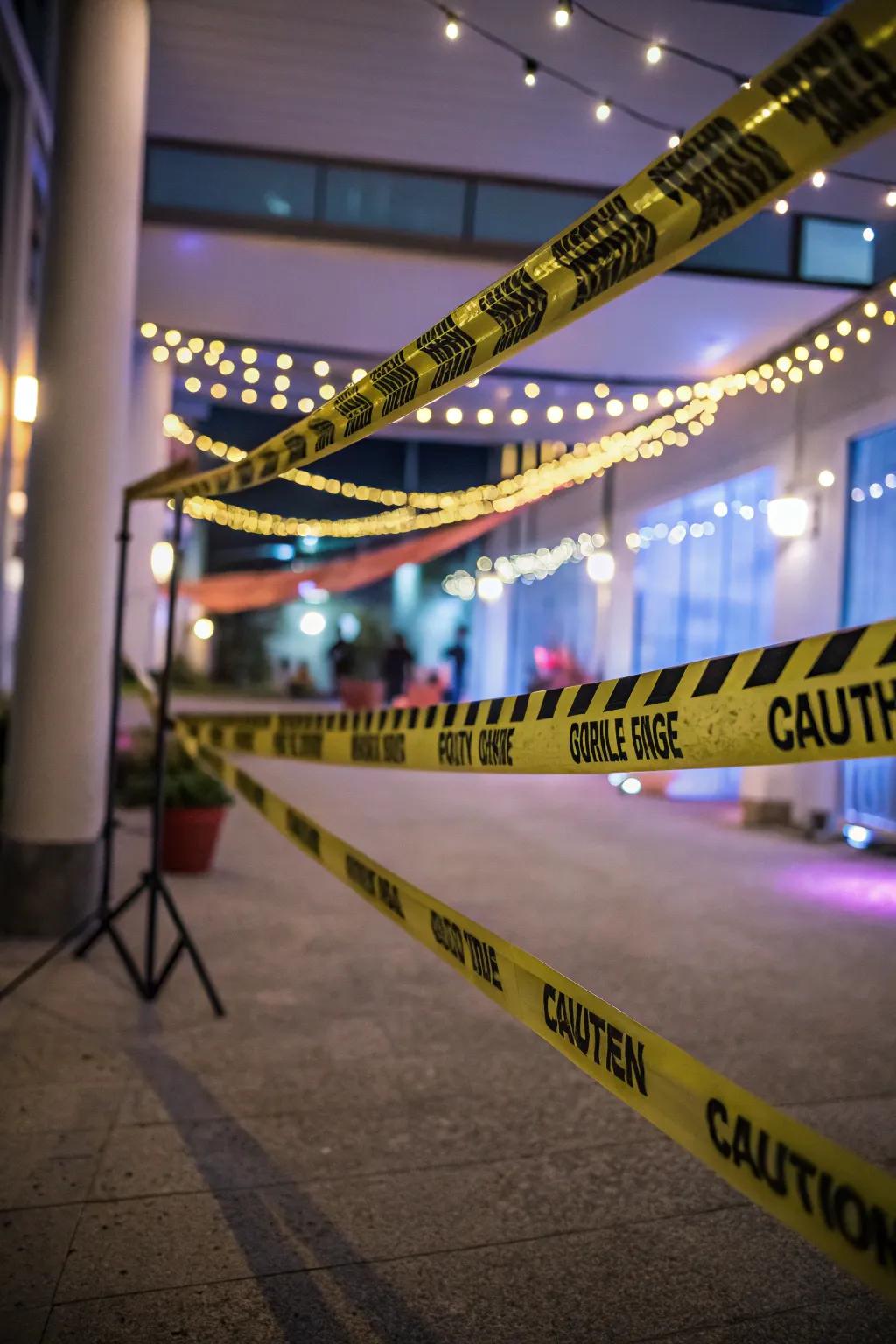 Warning ribbon accentuated with ambient lighting for a spooky look.