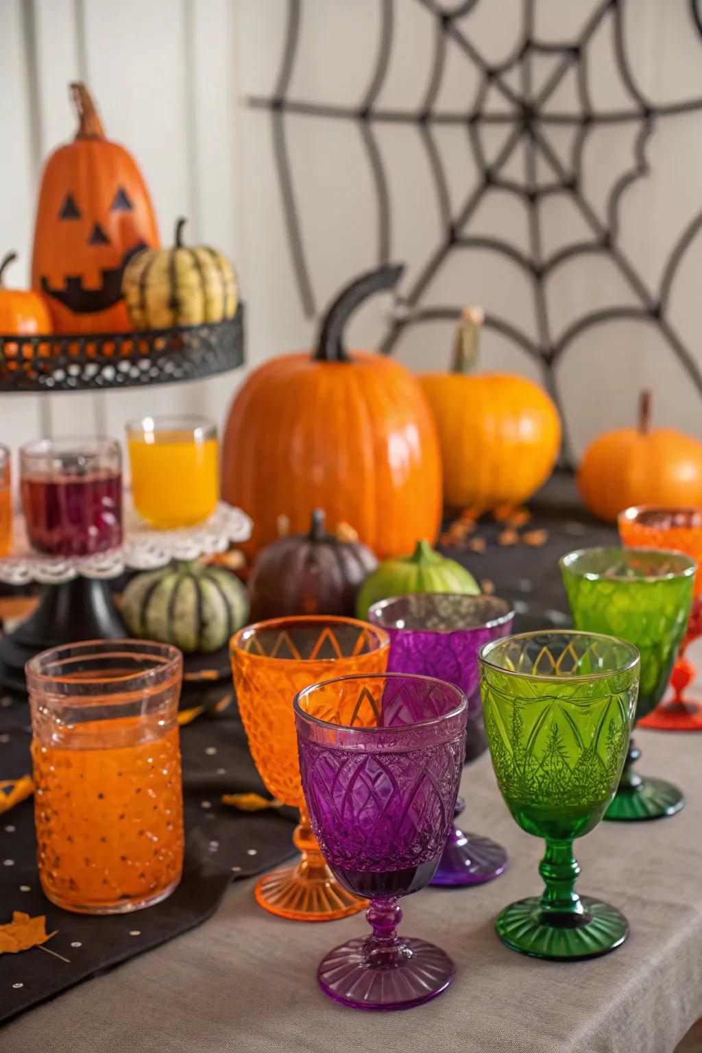 Colored glassware contributes an unforeseen pop of vibrancy.