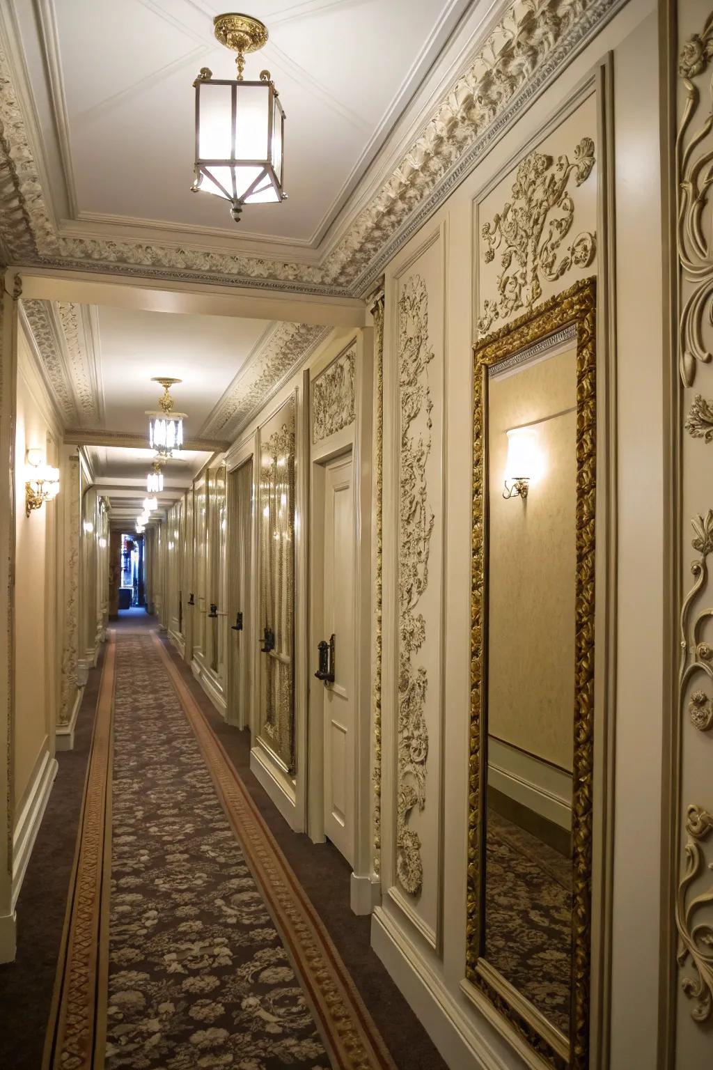 Enhance elegance with mirrors framed by ornamental trim.