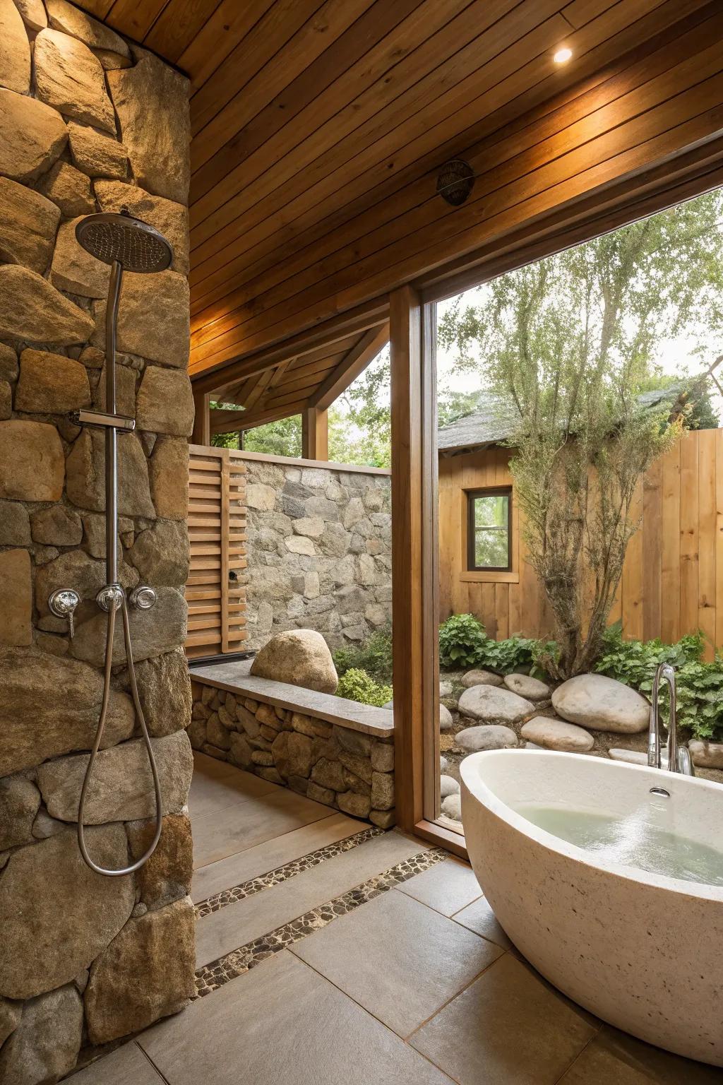 Forge a spa-akin sanctuary through pairing your hand shower with natural components.