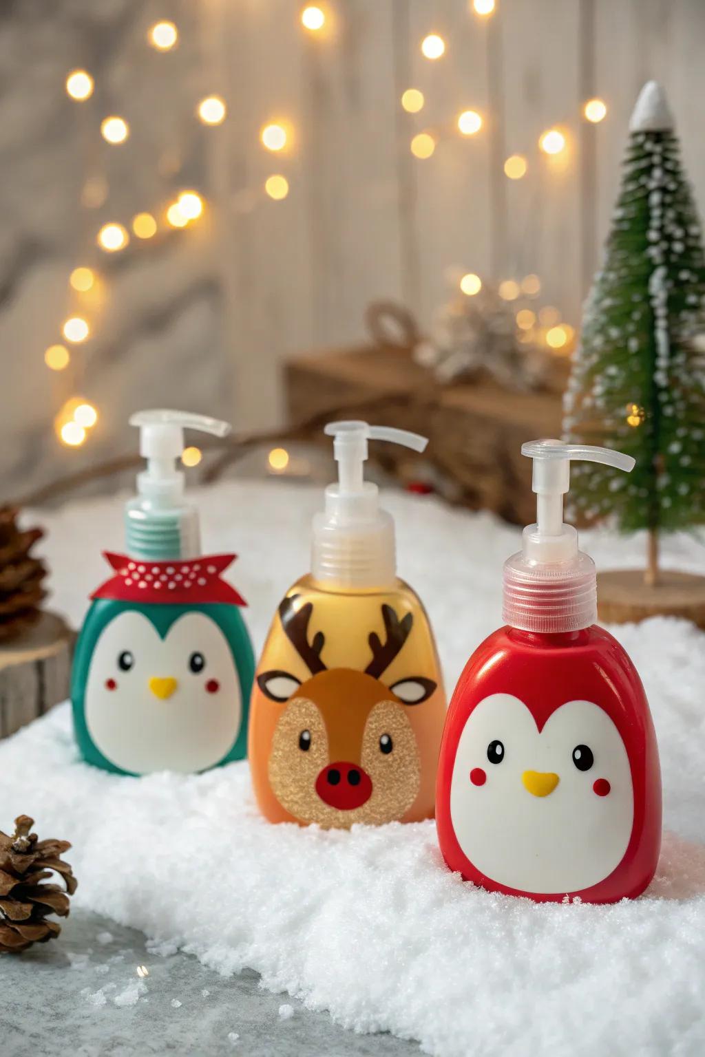 Whimsical creature-shaped hand soap bottles for holiday fun