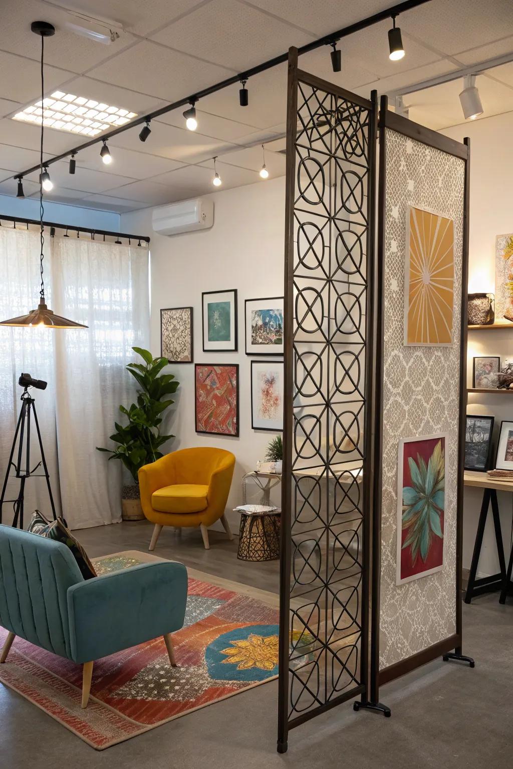Hanging art panels serve dual roles as decor and divider.
