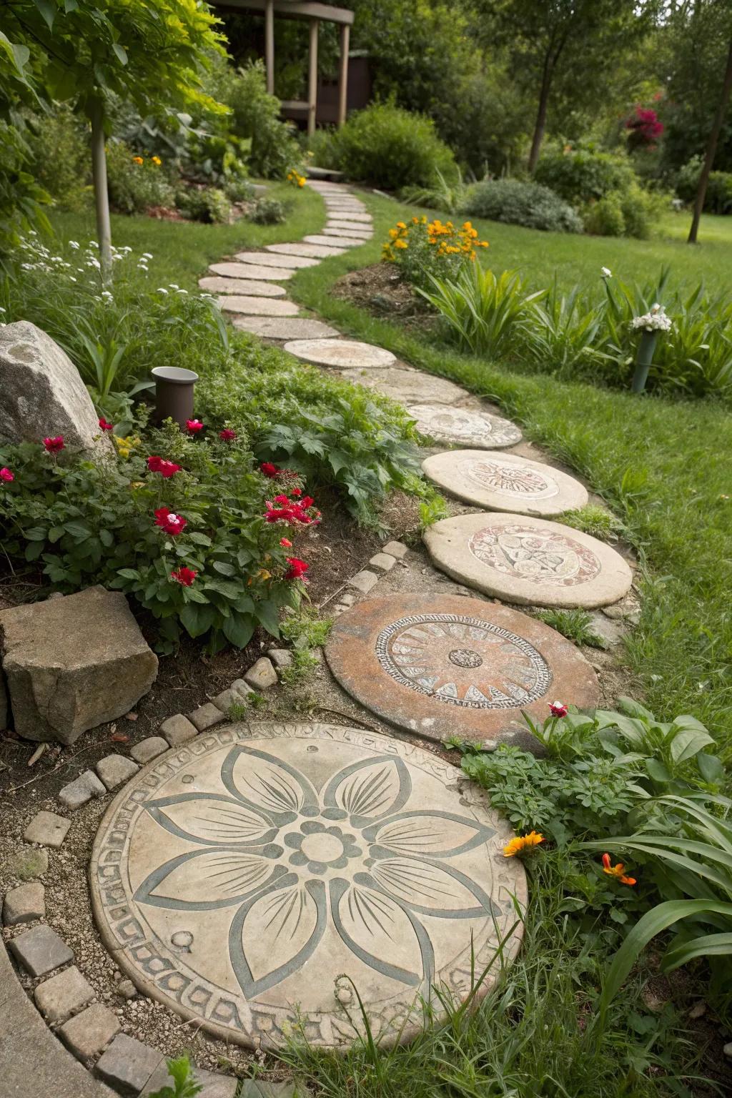 Whimsical route pavers introduce a playful touch to garden paths.