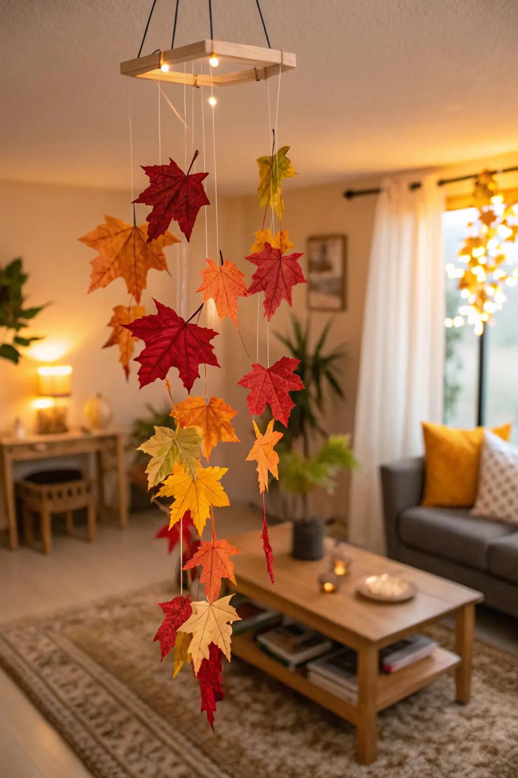 A whimsical autumn foliage mobile conveying motion.