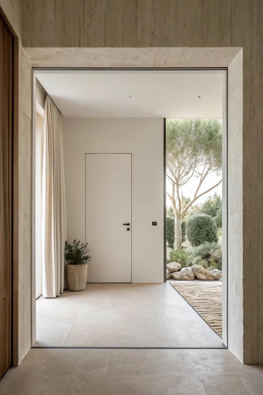 A minimalist interior showcasing an invisible pivot door.