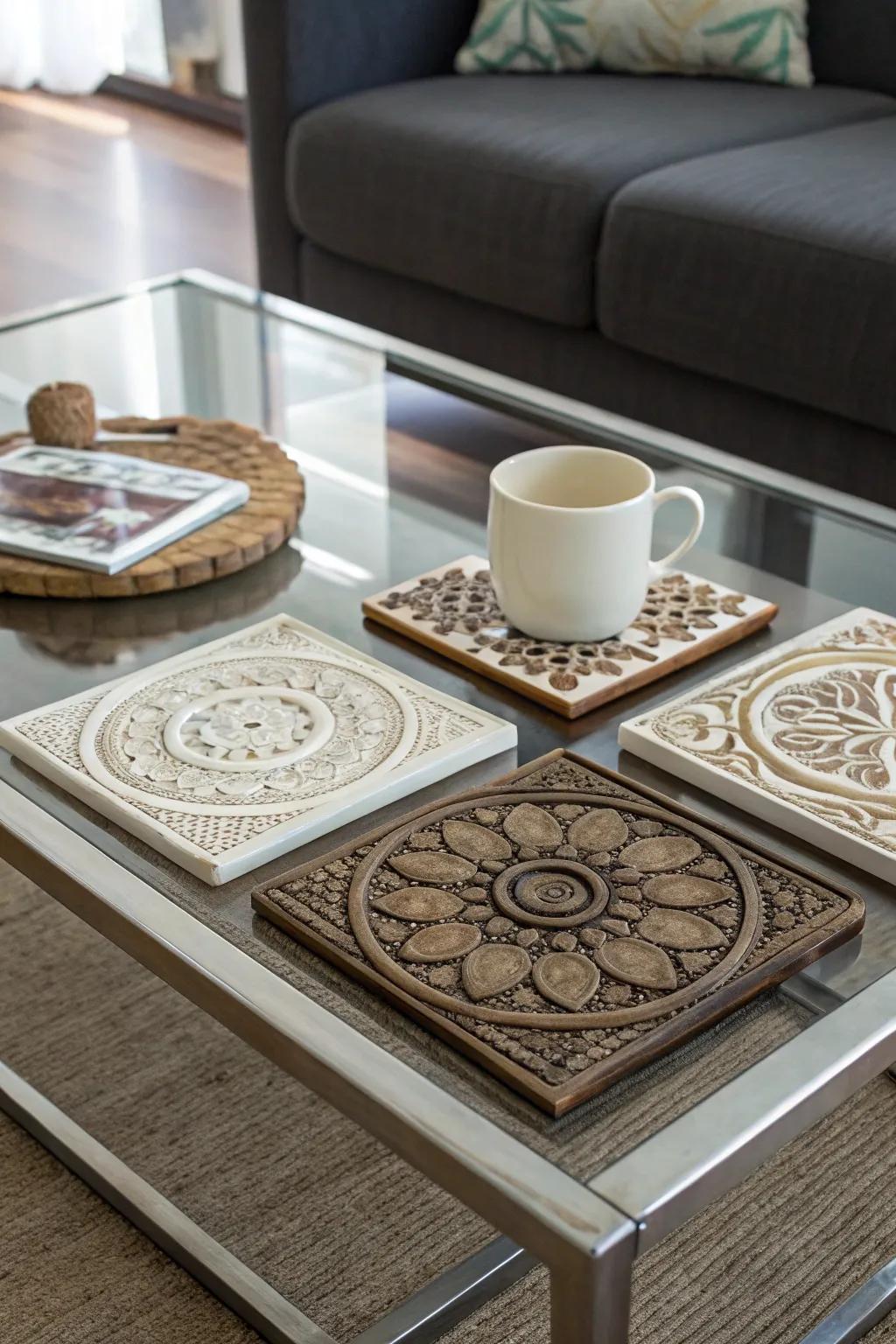 A set of artistic coasters that add flair to a coffee table.
