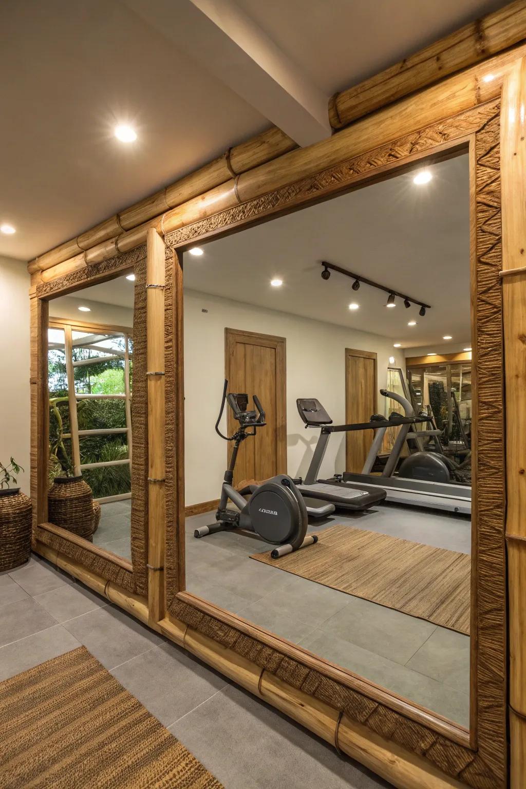 Eco-friendly mirrors with recycled frames enhance this gym.