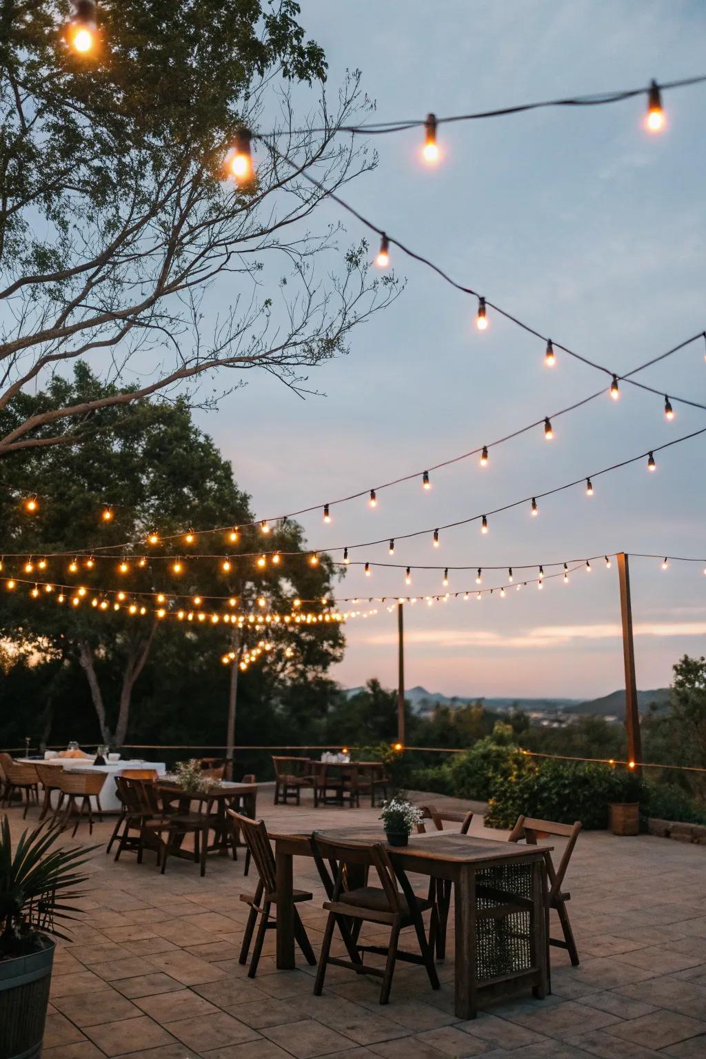Twinkling lights bathe outdoor areas in an enchanting and welcoming ambiance.