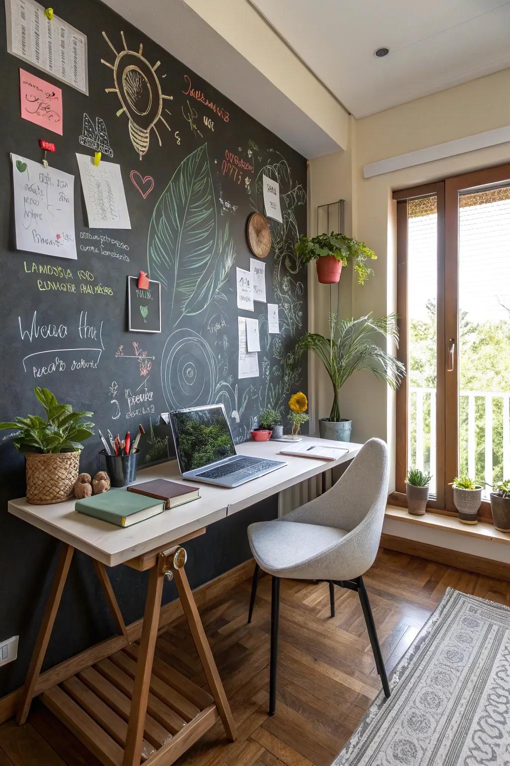Writing board walls provide an enjoyable and functional space for creativity.