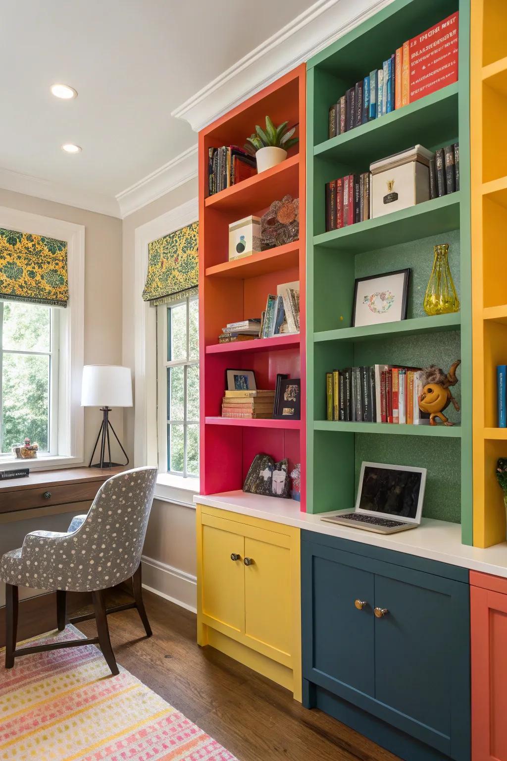 Vivid shelving infuses vibrancy and energy.