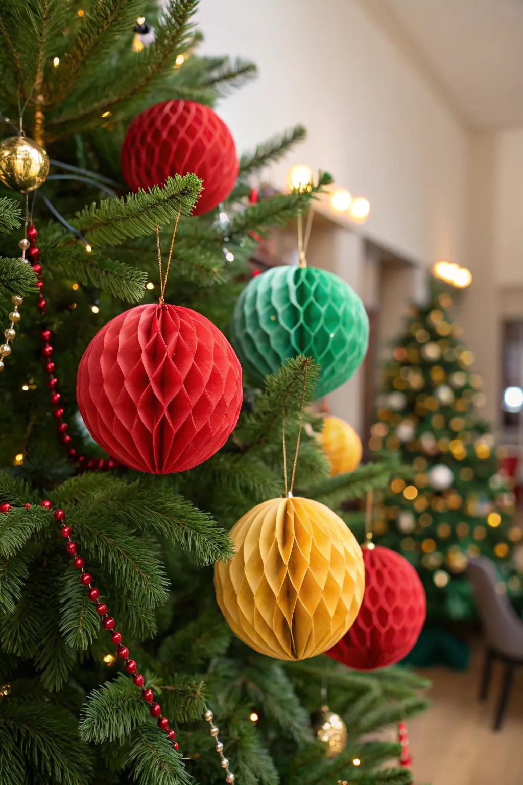 Vibrant paper lattice sphere adornments appending contemporary flair to the festive aesthetic.