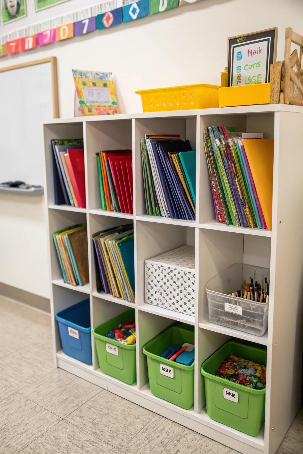Systems of cubbies assist children in arranging their resources, fostering a methodical area.