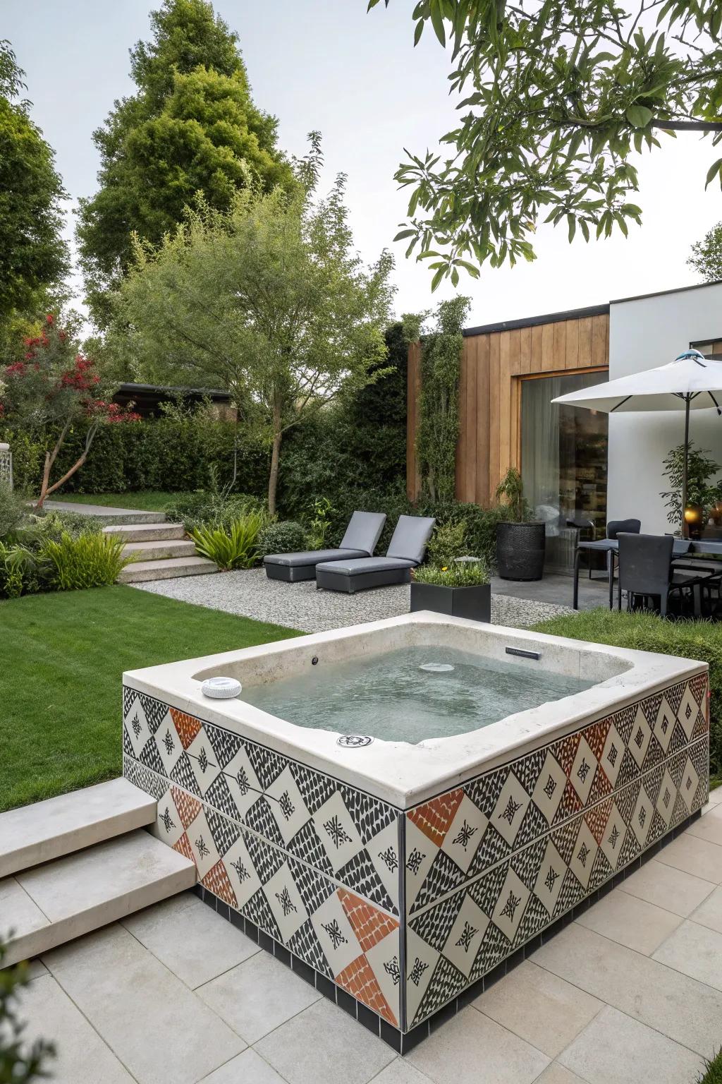 Geometric blueprints contribute a modern and artistic vogue to your hot tub area.