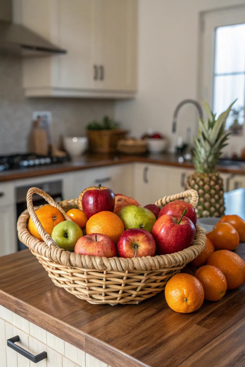 A seasonal fruit basket offers a fresh and vibrant touch to any new home.