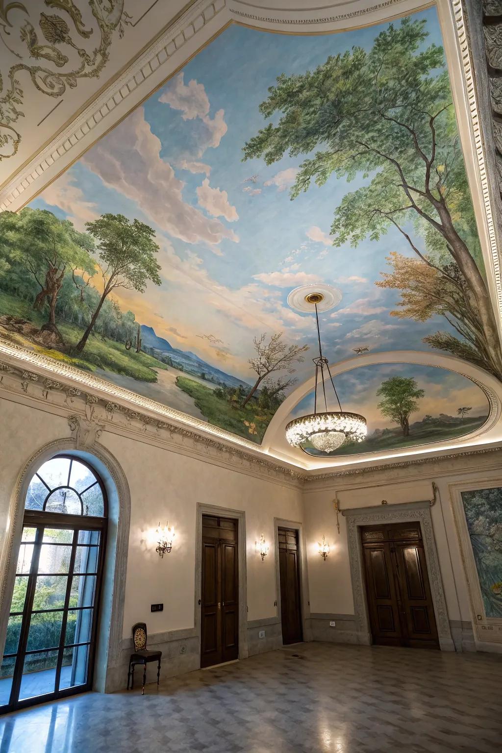 An artistic room featuring a beautiful hand-painted roof picture.