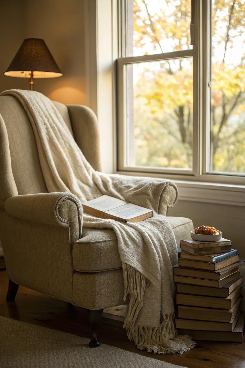 A cozy reading nook perfect for relaxing in fall.