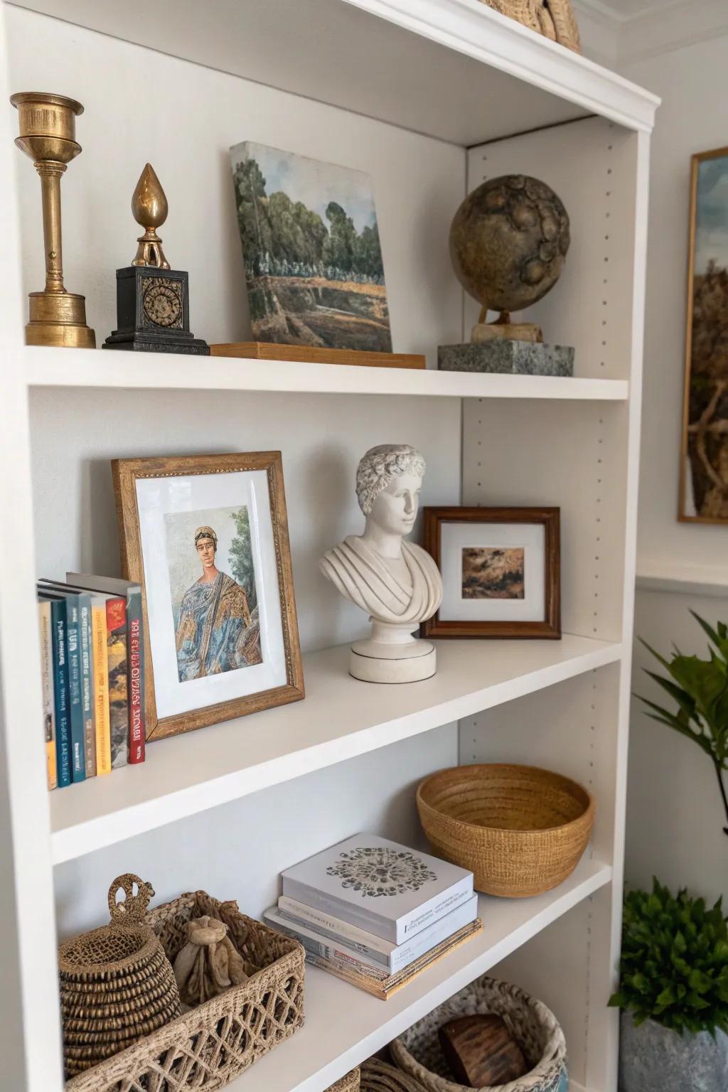 Artful compositions elevate shelf decor.