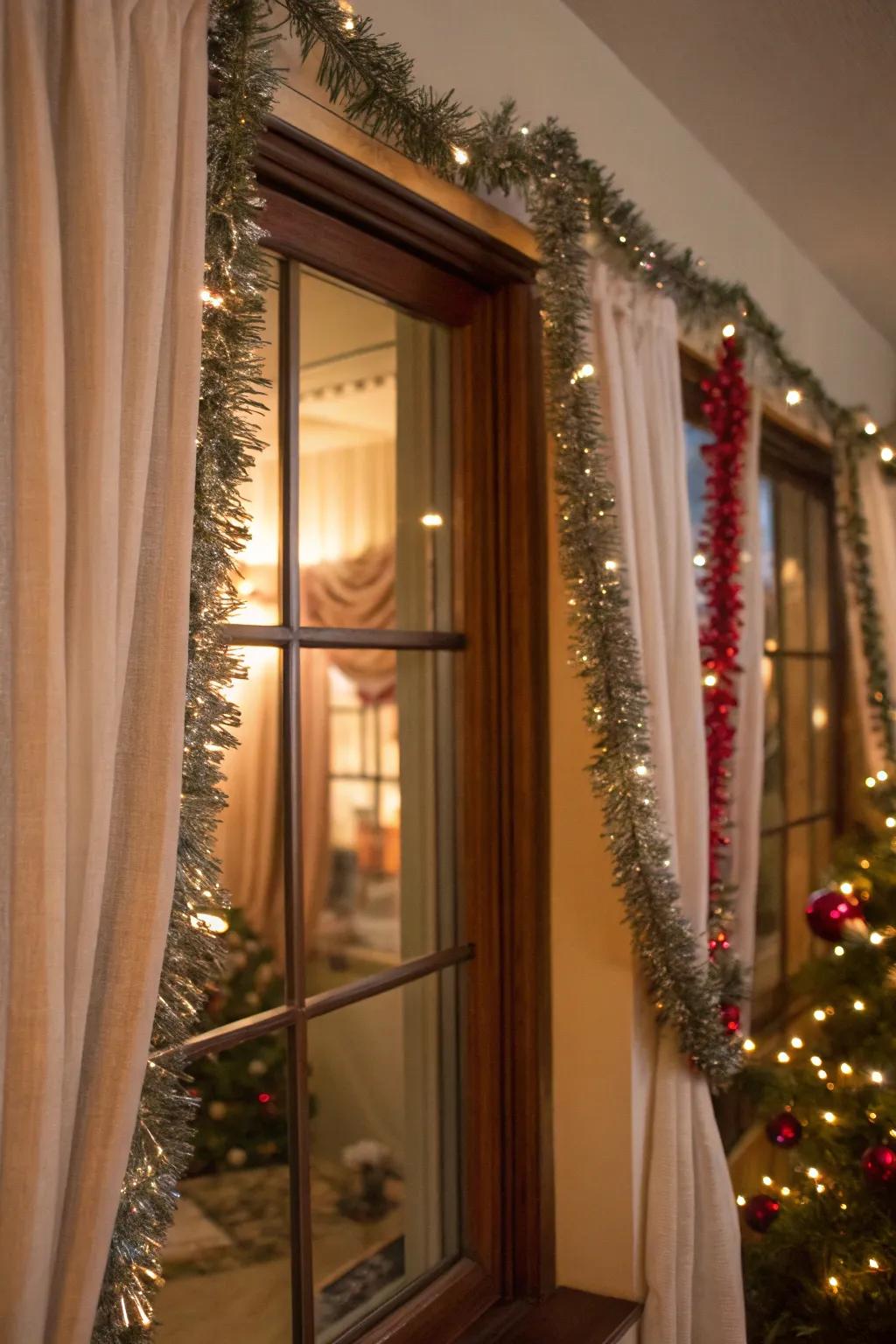 A window enhanced using sparkle ribbon hanging from the curtain rods.