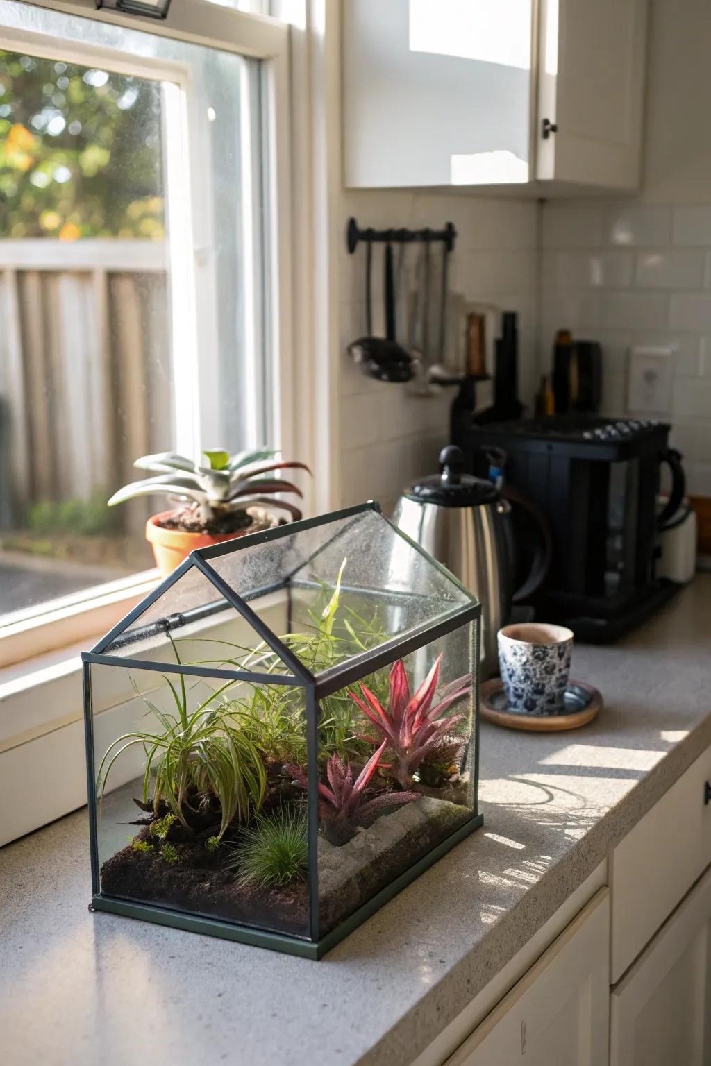 Diminutive conservatory housing air plants, serving as a tabletop garden.