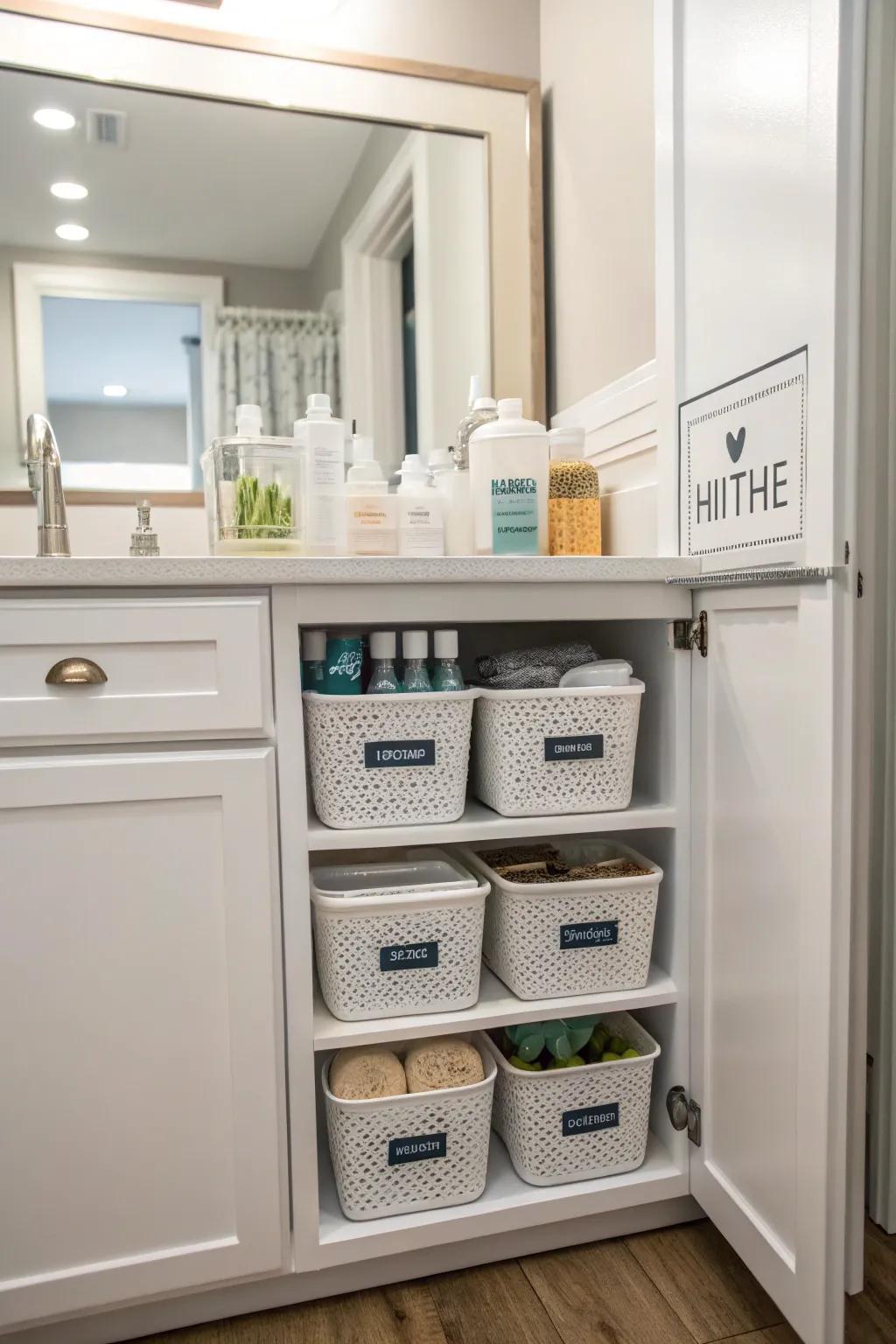 Dedicated markings on receptacles and containers in a cabinet, adding a personal touch to organization.