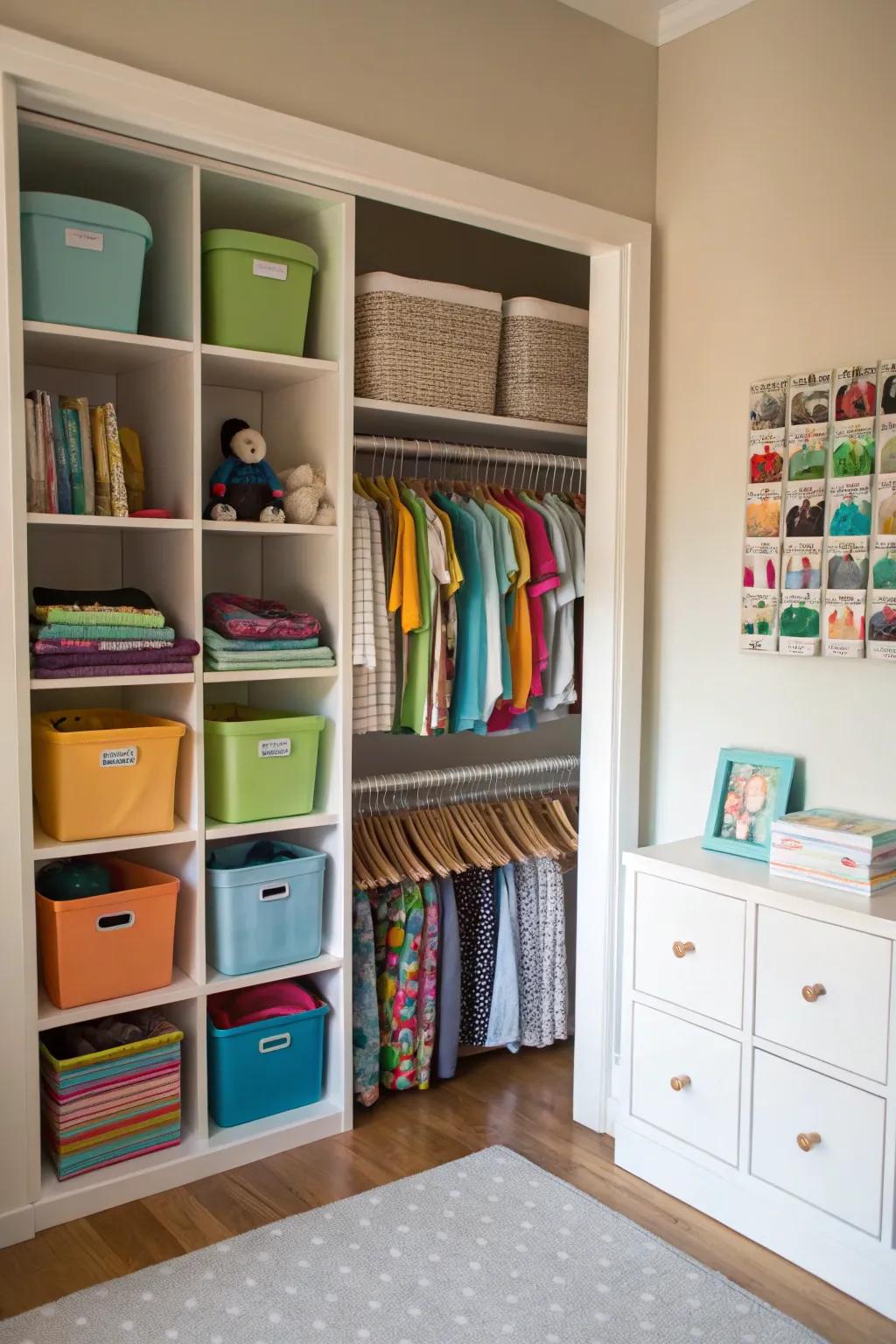 Closet organizers double storage potential in children's rooms.