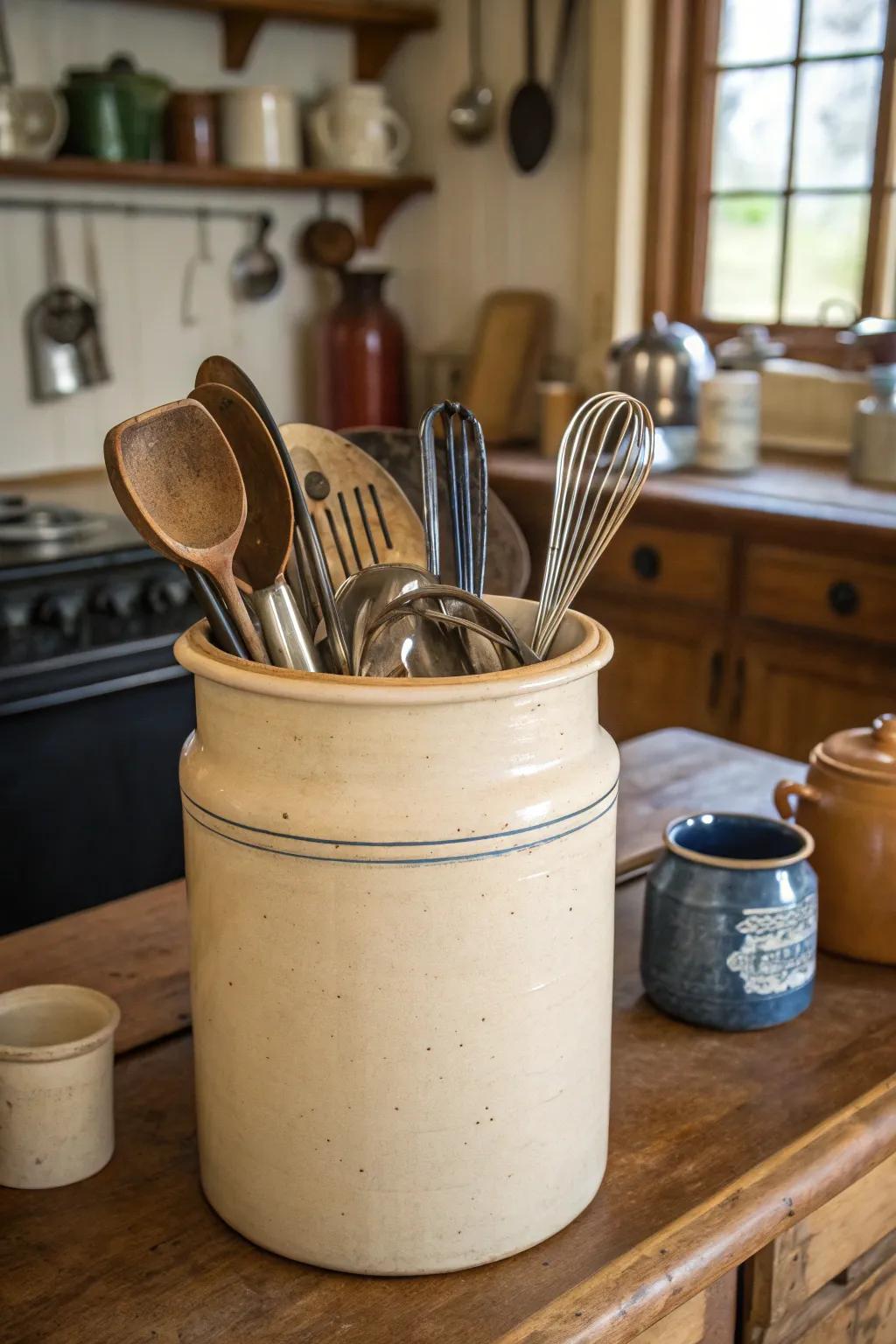 Vintage stoneware adding character to utensil storage.