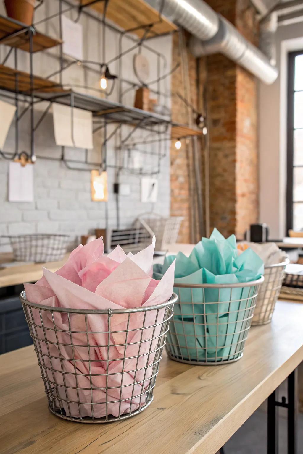 Wire baskets provide easy access to crepe paper.