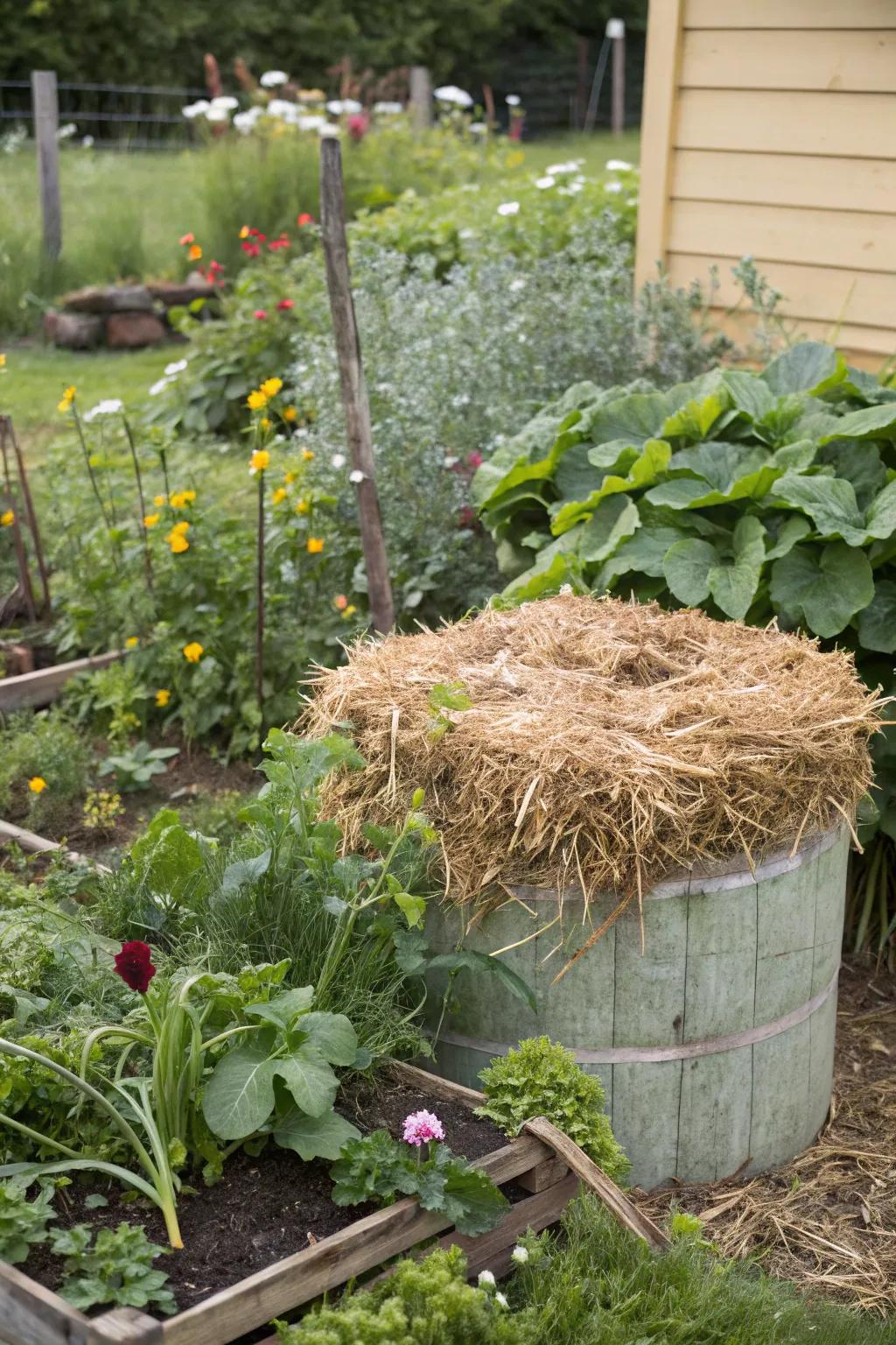 This compost bin is made out of hay bundles, blending in perfectly with the vegetable garden.