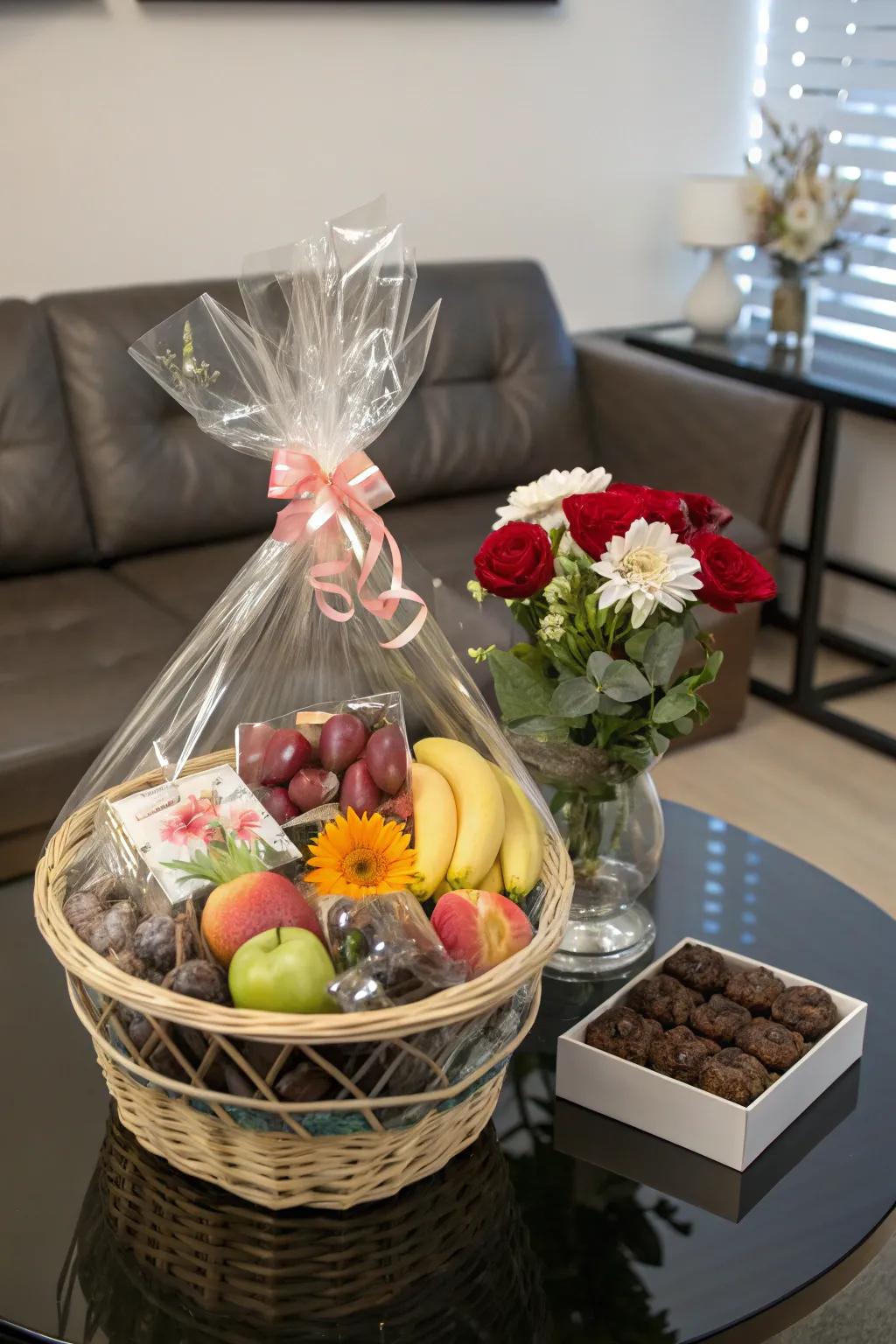 Clear wraps highlight the beauty of the basket's contents.