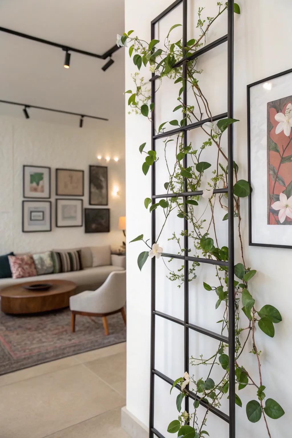 A modern art-inspired chamber features a Sweetheart plant on an encased wall trellis.