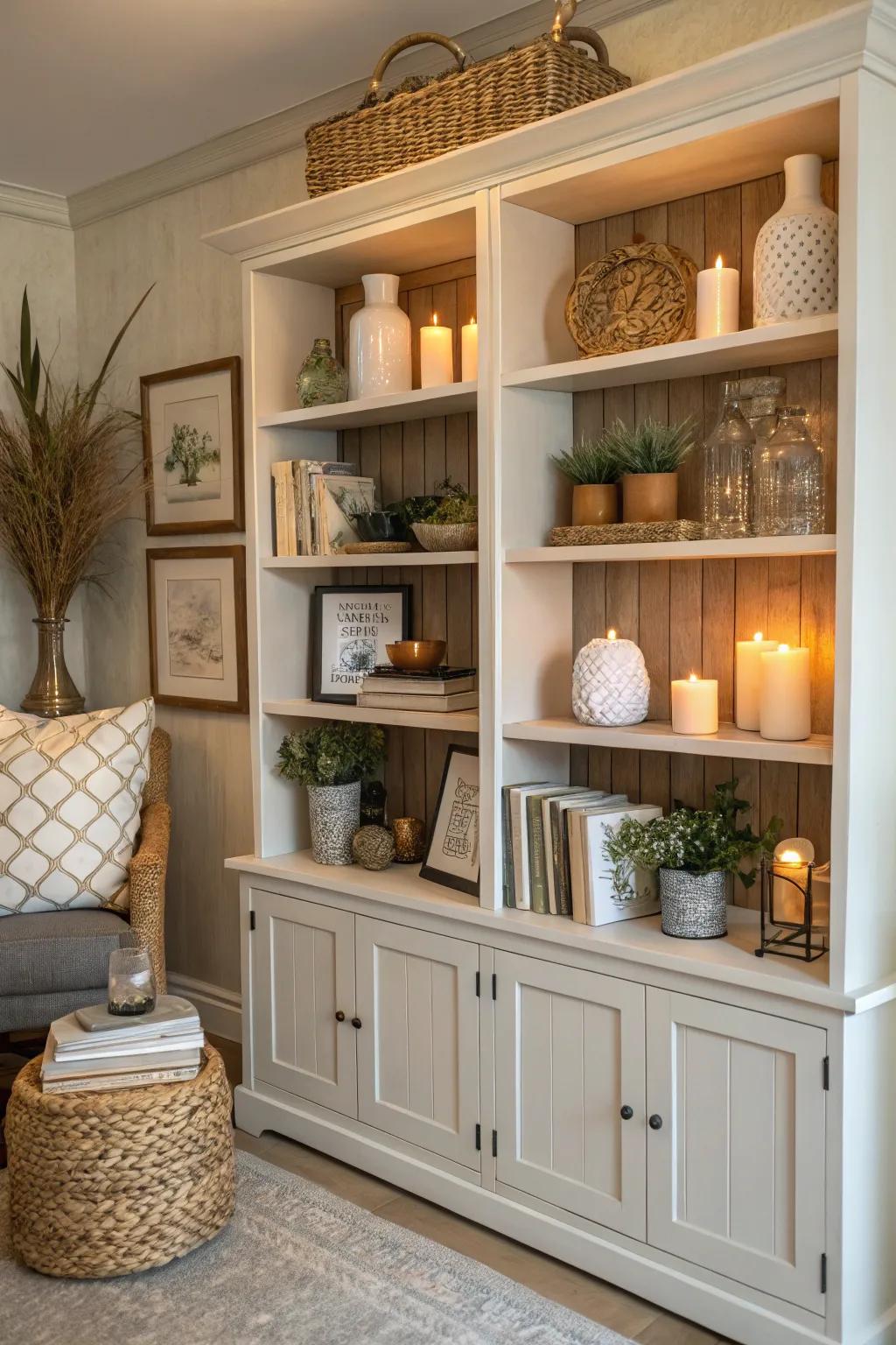 Offering both style and accessibility, this open shelving makes organizing easy.