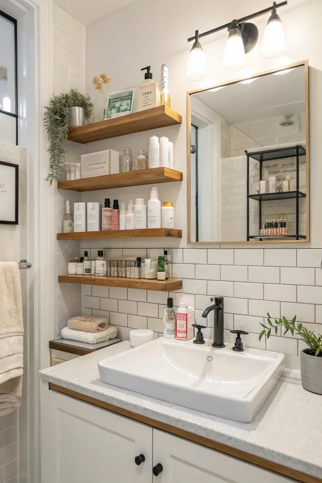 Make your bath stylish with shelves.