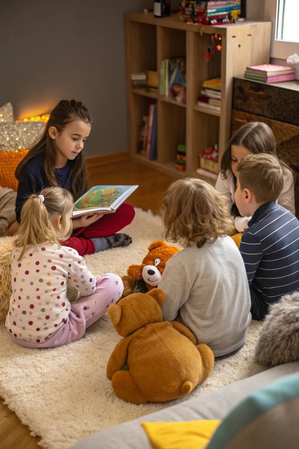 Kids collaboratively weaving a unique winter-themed story.