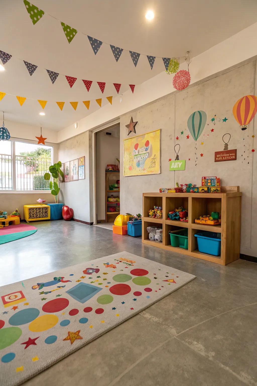 Painted concrete floors add fun and personality.