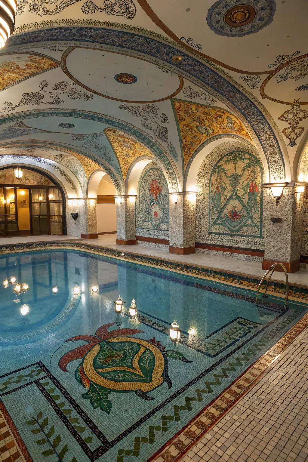 An indoor pool boasting unique artistic tile compositions