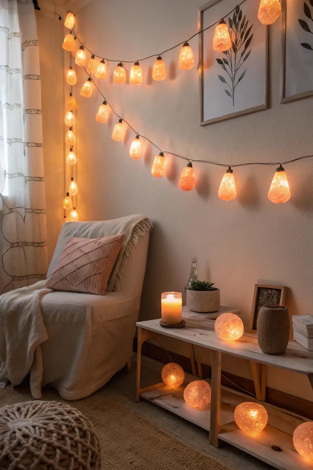 Install pink salt twinkle lights to fashion a soothing ambiance.